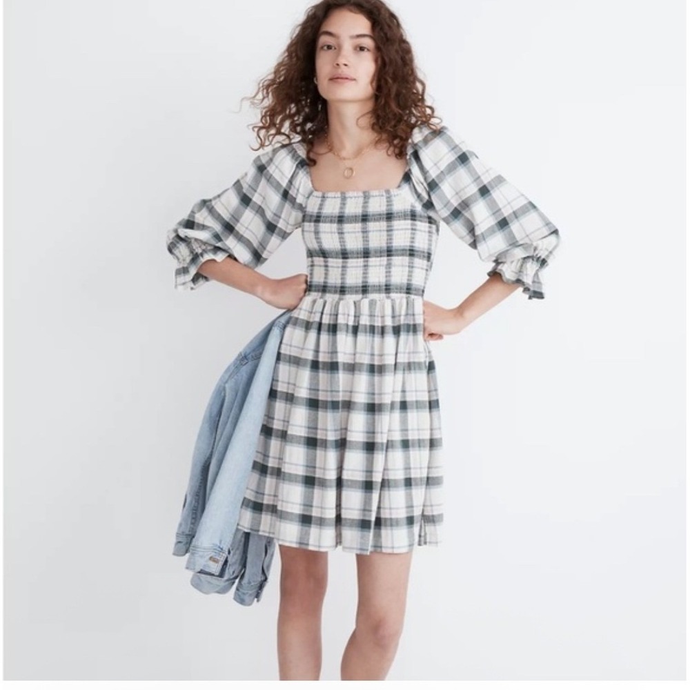 Madewell Lucie Smocked Mini Dress Lebaum Plaid Green White Pink XS Elbow Sleeve